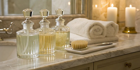The best multi-benefit hair treatment products displayed on a luxury bathroom counter.