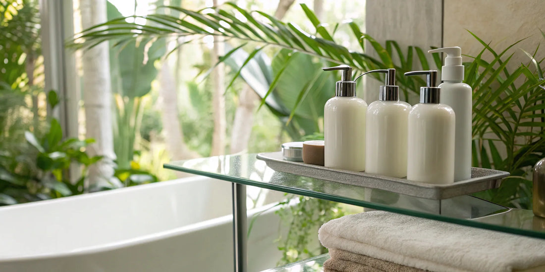 A collection of the best shampoos for high porosity hair on a bathroom shelf.