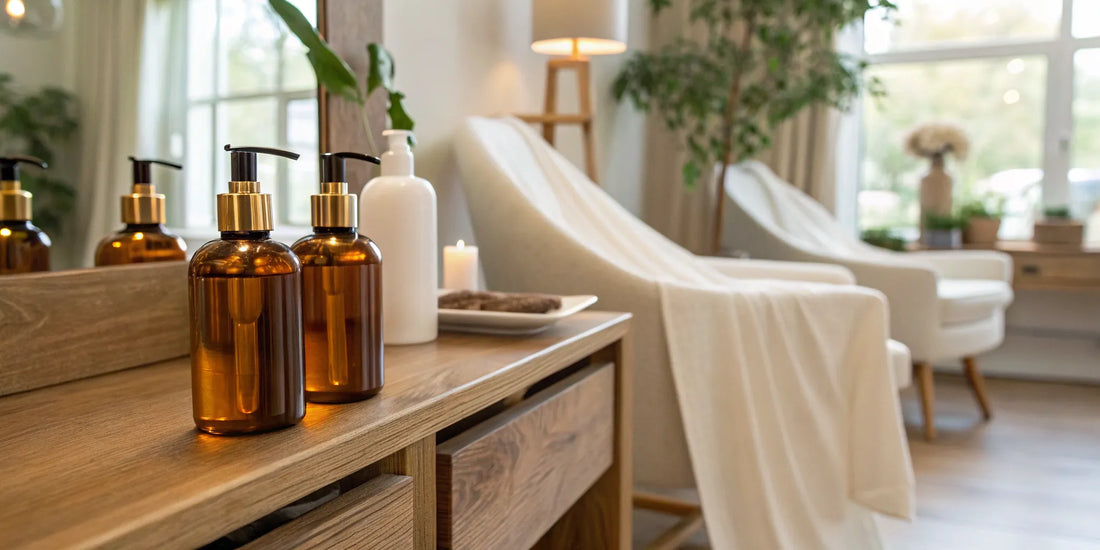Amber glass bottles of clean hair styling products from the best beauty brands in a salon.