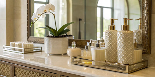 Elegant bottles of the best finishing cream for dry, frizzy hair arranged on a counter.