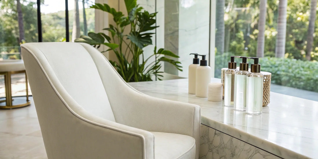 Best anti-humidity hair products for fine, frizzy hair on a salon counter.