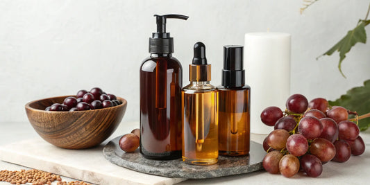 Grape seed oil hair products in dark bottles with grapes, the best to buy for healthy hair.