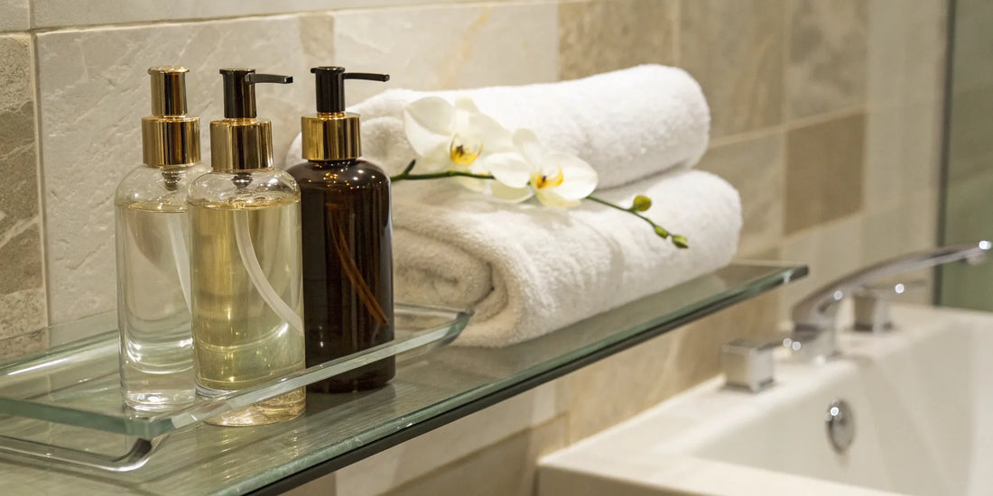 Best hair care products for fine, oily hair displayed on a bathroom shelf.