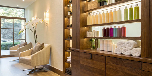 Salon shelves stocked with a list of the best hair care products.