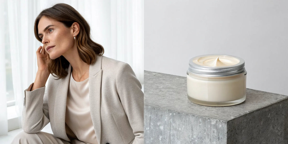 Woman with healthy hair and a jar of hair strengthening cream for women.