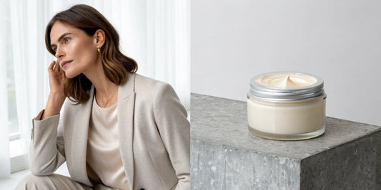 Woman with healthy hair and a jar of hair strengthening cream for women.