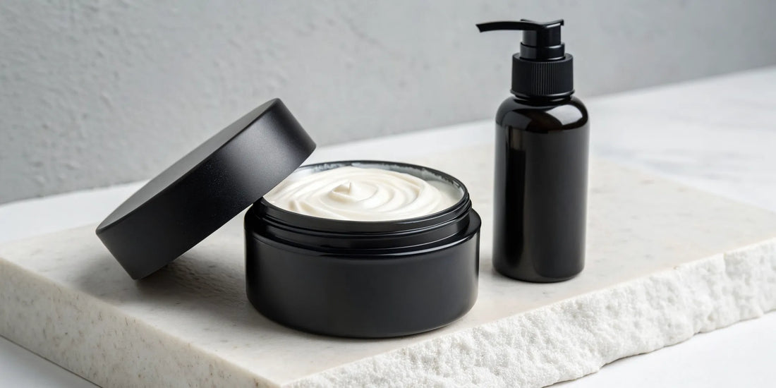 Multi-purpose hair cream for styling in a black jar and matching pump bottle.