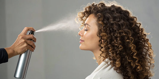 Applying heat protectant spray to a woman's curly hair.