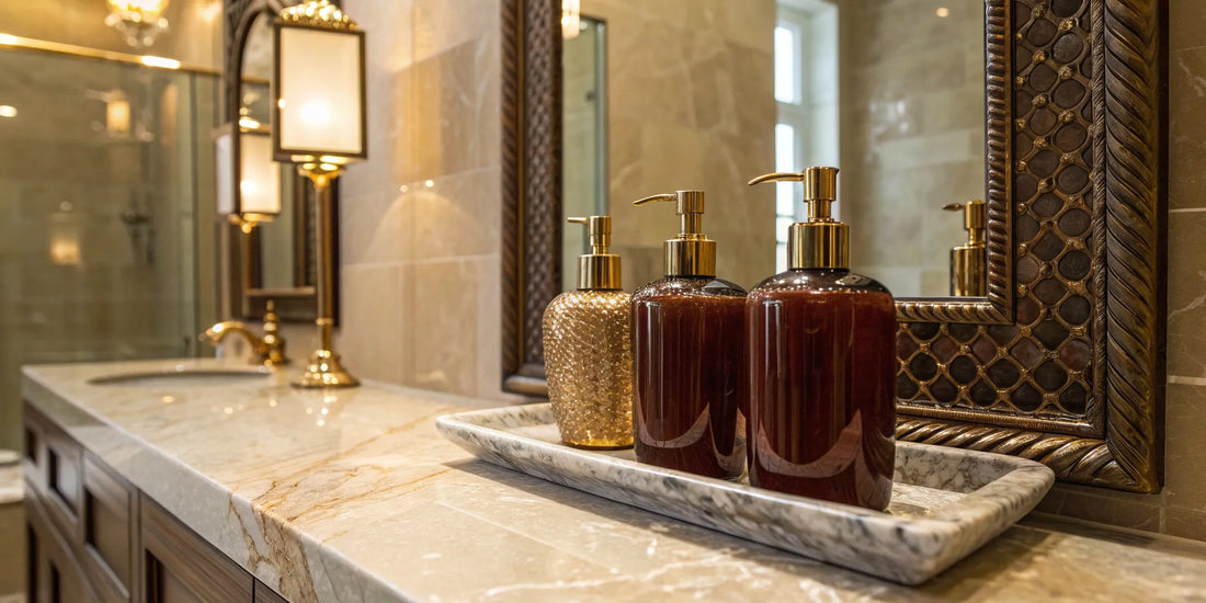 Best leave-in conditioner for dry, curly hair in sleek pump bottles on bathroom counter.