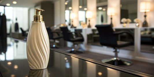 A bottle of salon quality hair product in a professional salon setting.