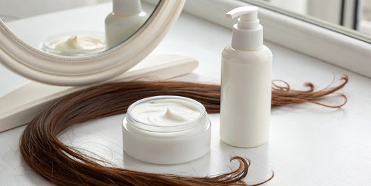 A jar and bottle of fortifying cream for damaged hair with a strand of healthy, restored brown hair.