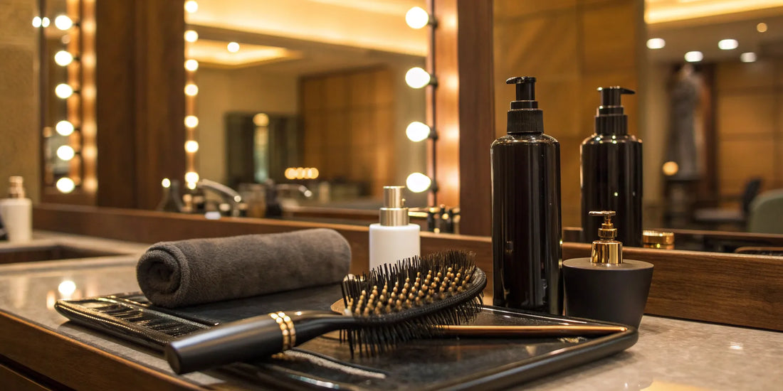 A bottle of professional blowout cream and a round brush used to get the best salon blowout at home.