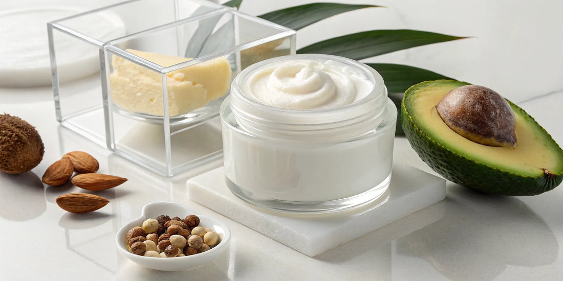 Nutrient-rich hair cream with nourishing ingredients like avocado, shea butter, and almonds.