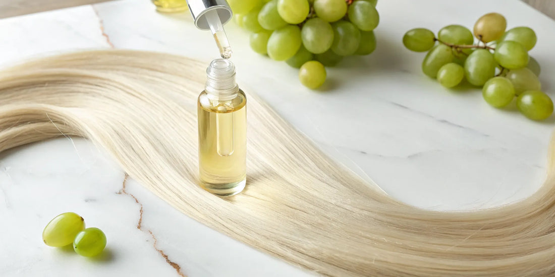Lightweight grape seed oil in a dropper bottle with green grapes on a bed of fine hair.
