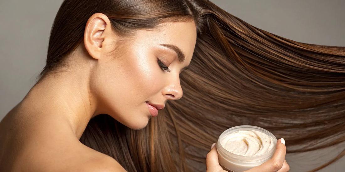 Woman with smooth, frizz-free hair holding an anti-frizz leave-in finishing cream.