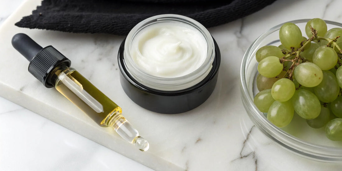 Hair styling cream with grape seed oil in a jar next to fresh green grapes.